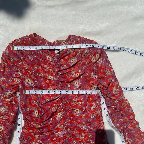 Rohe Sadie Long Sleeve Retro Floral Ruched Mini Dress Red Multi Size 34 FR 2 US - Picture 10 of 15